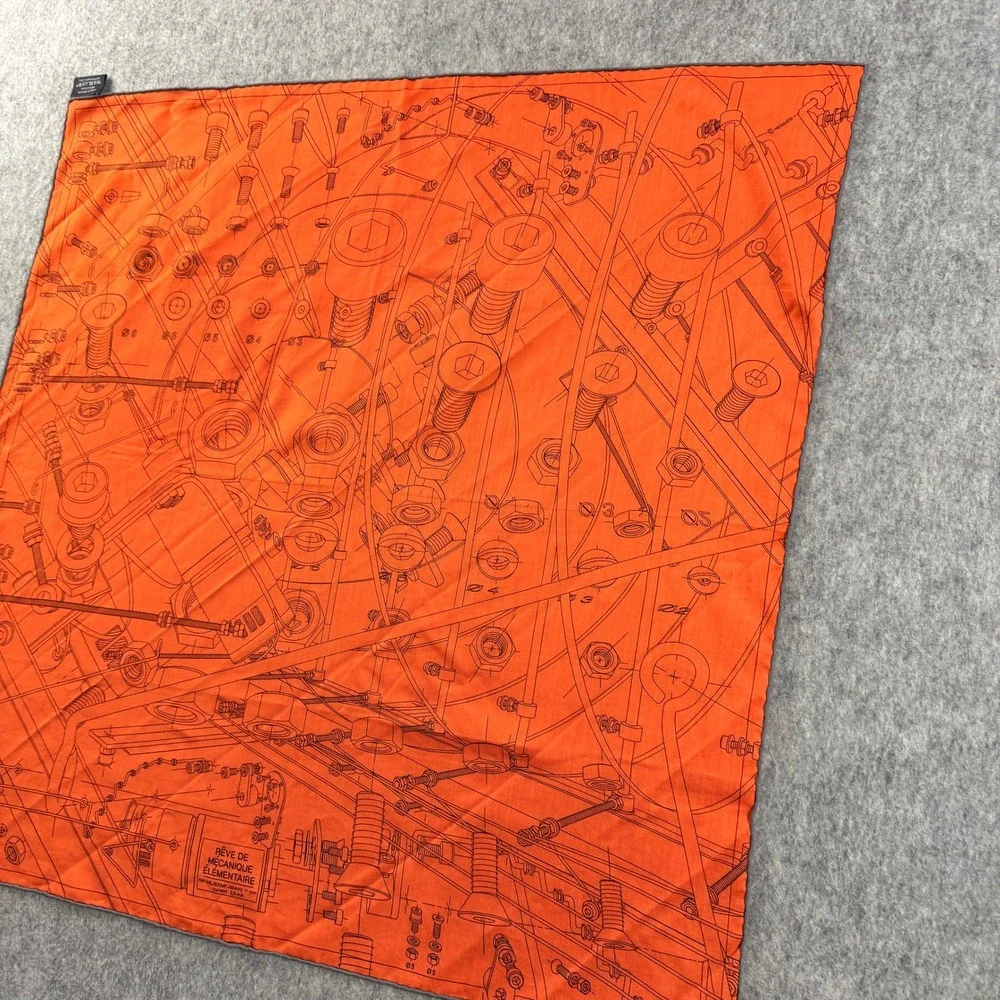 Hermes Carre H 65 Reve de Mecanique Elementaire Orange Cotton Scarf 2019 Box